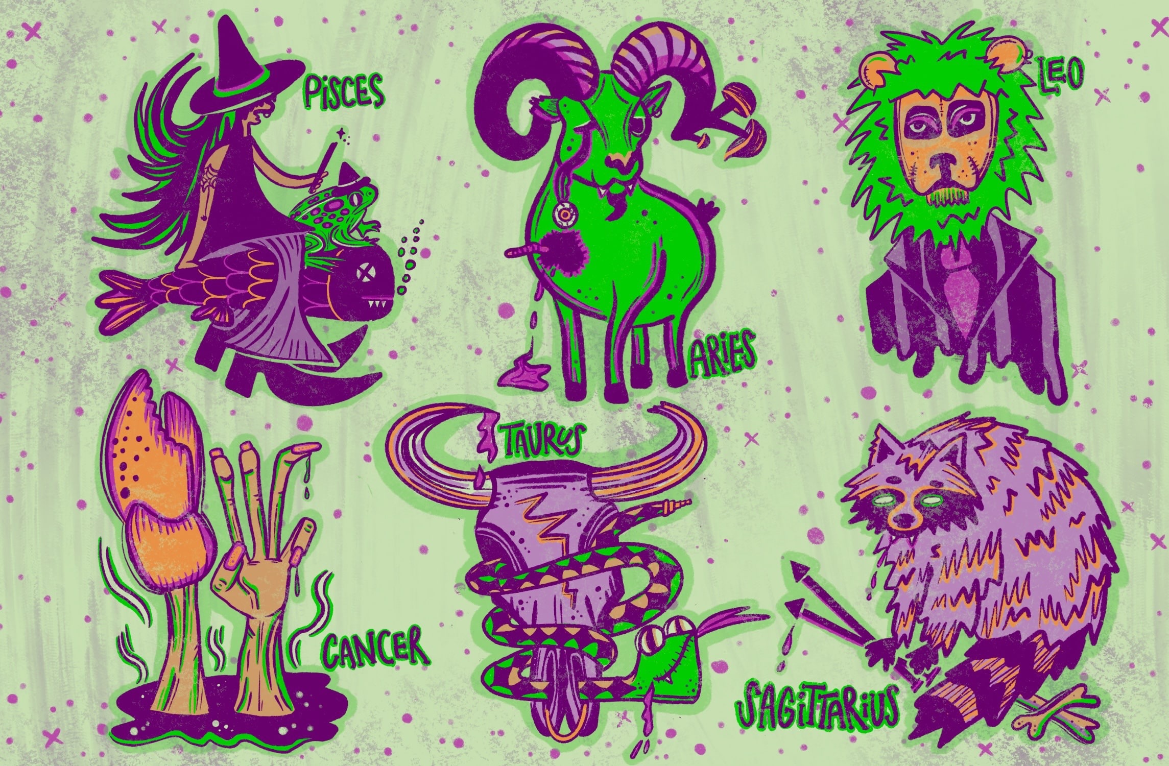 Illustration of six spooky horoscope signs for Pisces, Aries, Leo, Cancer, Taurus and Sagittarius