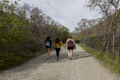 Sapphic Hikers walking hand in hand down a trail.