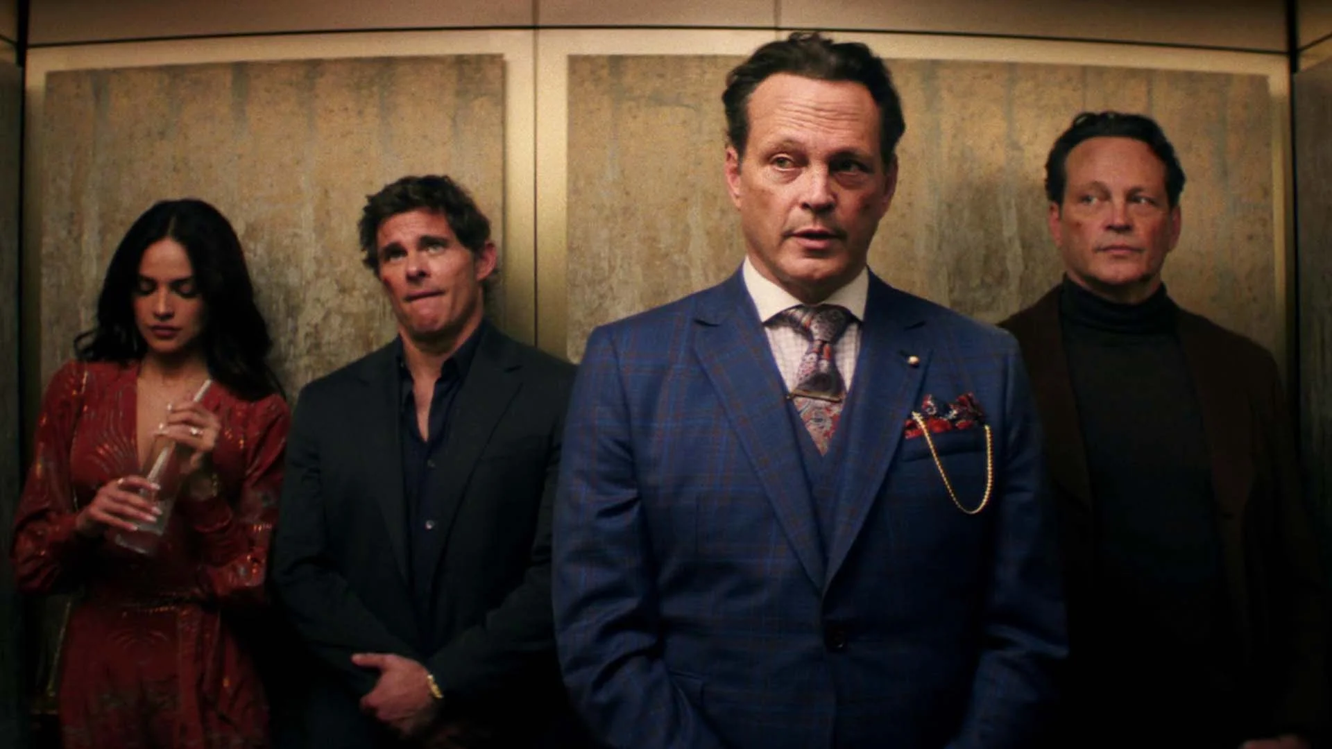 A film still of Eiza González, James Marsden, and Vince Vaughn in Mike & Nick & Nick & Alice.