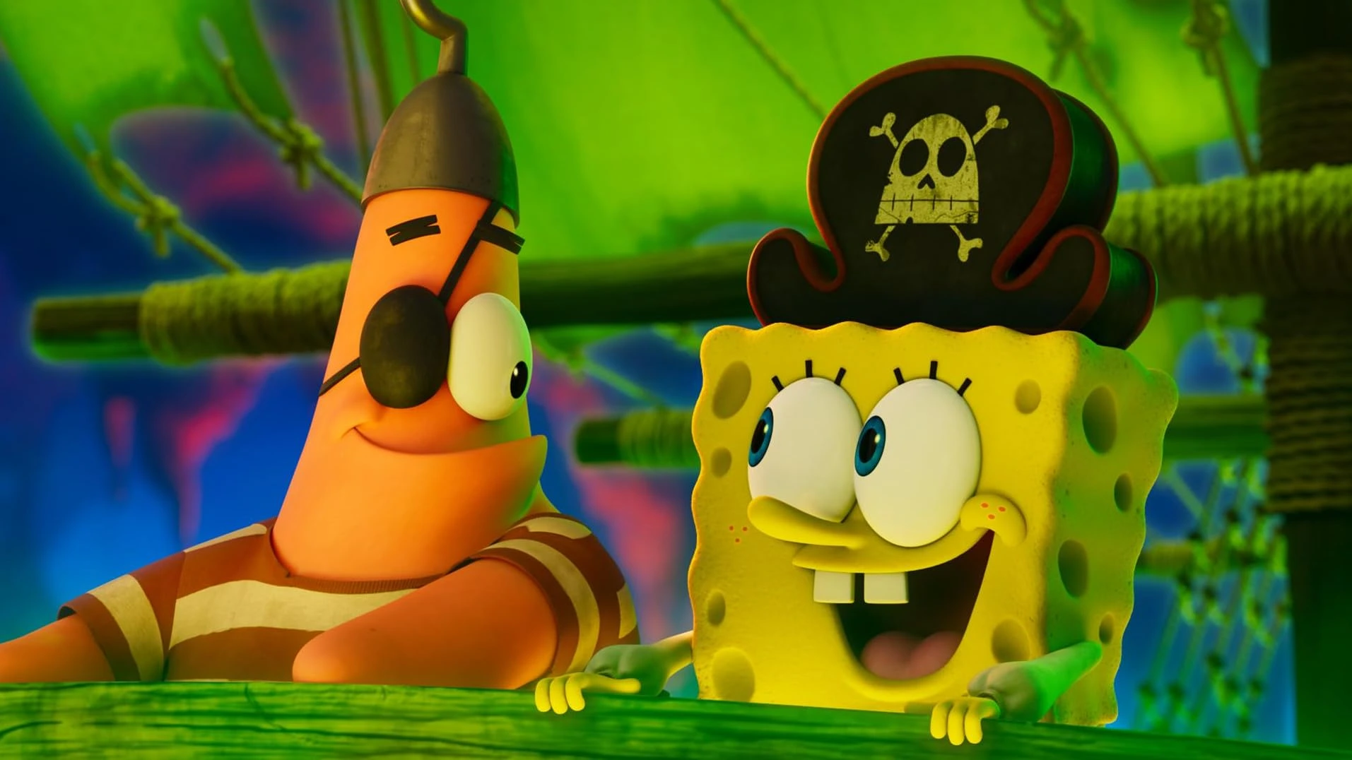 SpongeBob and Patrick in a pirate ship in the SpongeBob movie