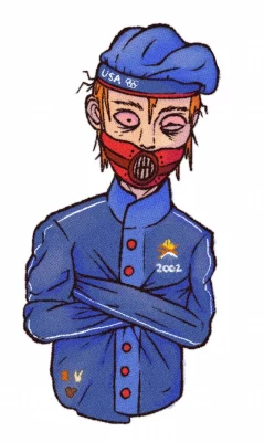 A colored sketch of Alton Barnhart's character, the 2002 Olympics Fanatic.