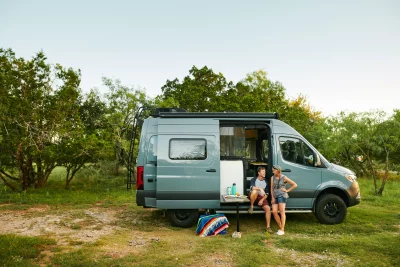 A van in the wilderness.