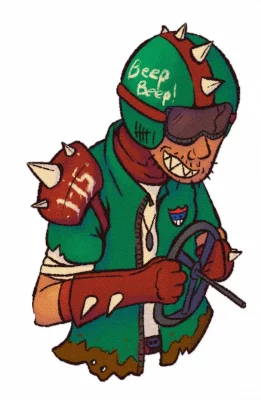 A colored sketch of Alton Barnhart's "Interstate Madman," a man in green, war-like, spiked attire.